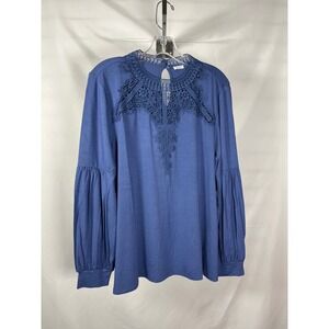 STUDIO 1886 Blue Lace Neckline Bishop Sleeve Mock Neck Top Women's Size M
